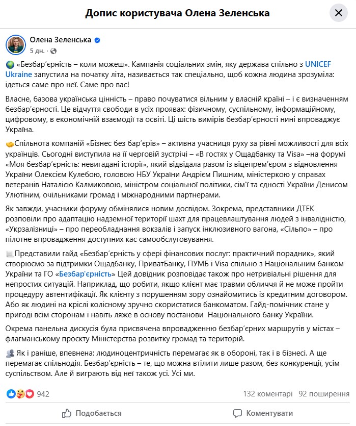 Допис користувача Олена Зеленська